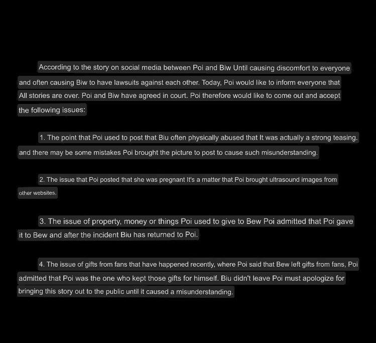 omensbiu's tweet photo. - Poi admitted that the accusation of Abuse was false , it was just strong teasing.
- About the baby , she posted fake pictures .
-Poi gave biu money and gifts willingly. 
- Poi admits that she kept the fans gift by herself and apologises for everything she did 

#buildjakapan https://t.co/QoSqPiKBOV