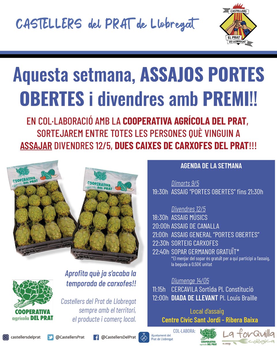 CastellersPrat's tweet photo. Aquesta setmana venir a assajar pot tenir premi!! Divendres sortejarem entre els ibles assistents dues cistelles amb carxofes del Prat, gentilesa de la Coop. Agrícola del Prat.
Vinga, aprofiteu que ja estem en final de temporada de la carxofa! 😋
👇🏼 https://t.co/gUXteRVUGK