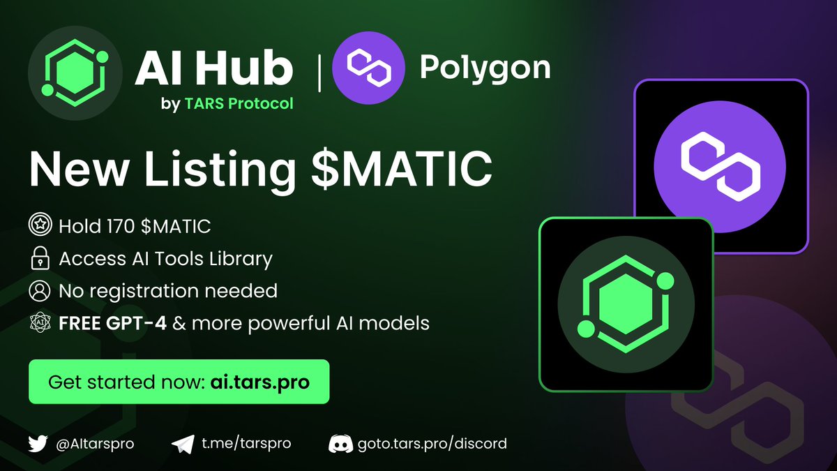 murphai_io's tweet photo. 𝐓𝐀𝐑𝐒 𝐀𝐈 𝐇𝐮𝐛 now supports $MATIC! 

@PolygonNews_  @0xPolygonLabs @0xPolygon @PolygonDaily

Hold a minimum of 170+ $MATIC to gain 𝐅𝐑𝐄𝐄 access to our comprehensive #AI Models Library, including 𝐆𝐏𝐓-4. No sign-up necessary! 

Discover 👉https://t.co/GVti566tr6 & start your AI odyssey with #MATIC! 

#AIGC #TARS #Web3