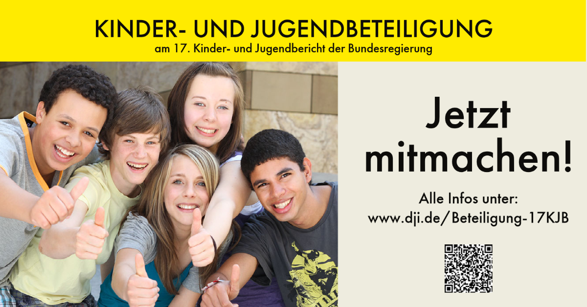 Jungen Menschen eine Stimme geben beim #17KJB #Jugendbericht der Bundesregierung. Macht mit unter dji.de/Beteiligung-17… #17KJB #Jugendbericht #Jugendbeteiligung #Kinderbeteiligung #jugendinstitut