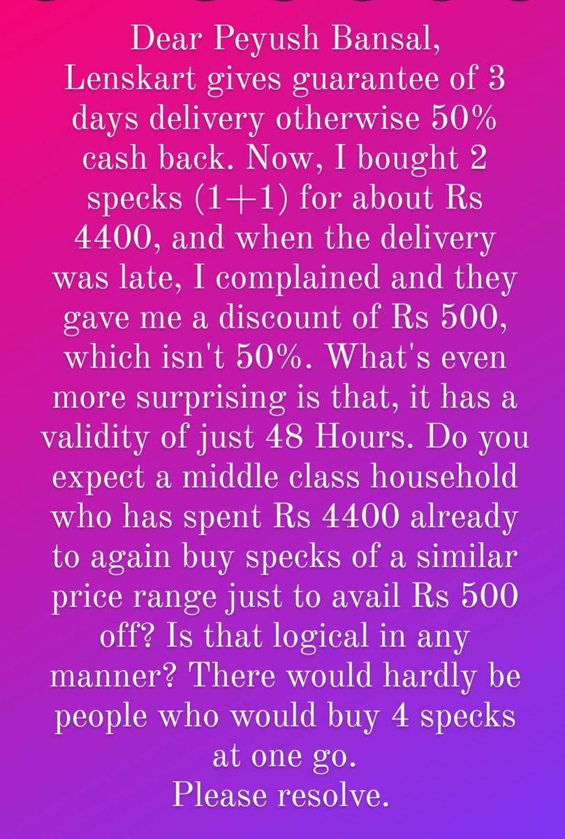 Hi, <a href="/peyushbansal/">Peyush Bansal</a> .. 

Here's a grievance that you and <a href="/Lenskart_com/">lenskart</a> should look into.

#Lenskart #PeyushBansal

<a href="/jagograhakjago/">Consumer Affairs</a> <a href="/narendramodi/">Narendra Modi</a> <a href="/PiyushGoyal/">Piyush Goyal</a> <a href="/PiyushGoyalOffc/">Piyush Goyal Office</a>