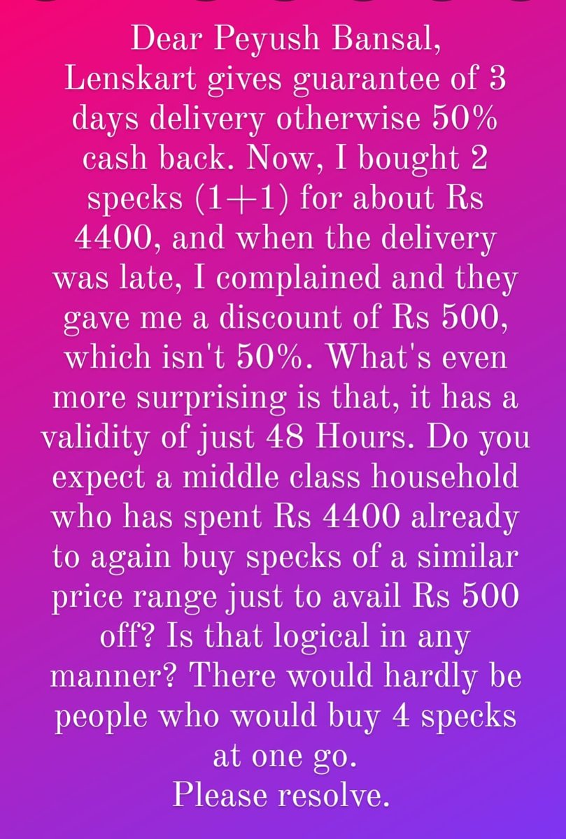 Hi, @peyushbansal .. Here's a grievance that you and @Lenskart_com should look into. #Lenskart #PeyushBansal @jagograhakjago @narendramodi @PiyushGoyal @PiyushGoyalOffc