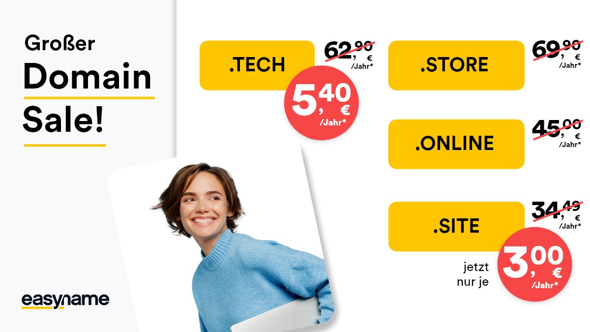 Komm schnapp dir deine Traum-Domain! 
Unser großer Domain Sale ist jetzt live und bietet dir die Chance, eine Domain zu einem unglaublichen Preis zu ergattern. 
Jetzt Domain prüfen 👇 easyname.at/de/alle-domains
#domainsale #website #onlineshop #blog