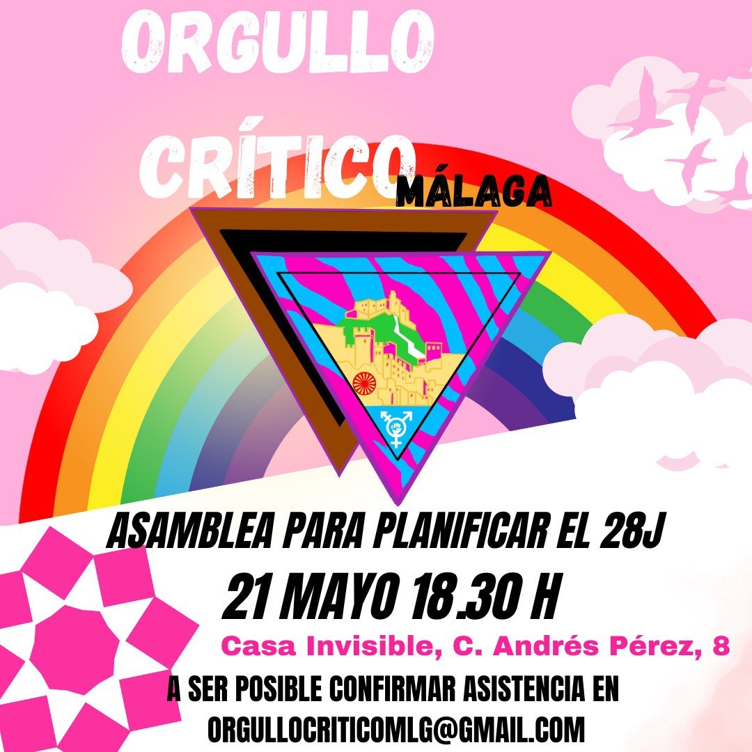 orgullo_cmlg's tweet photo. 🏳️‍🌈 El 28J, Día Internacional del Orgullo LGTBQ+, se acerca y queremos construir esta fecha juntes.

Únete a la asamblea de Orgullo Crítico Málaga y contribuye a planificar esta fecha en la que nos reivindicamos ✊

🗓 Domingo 21 mayo
🕡 18:30 h.
📍@LaCasaInvisible https://t.co/T6evloPc06