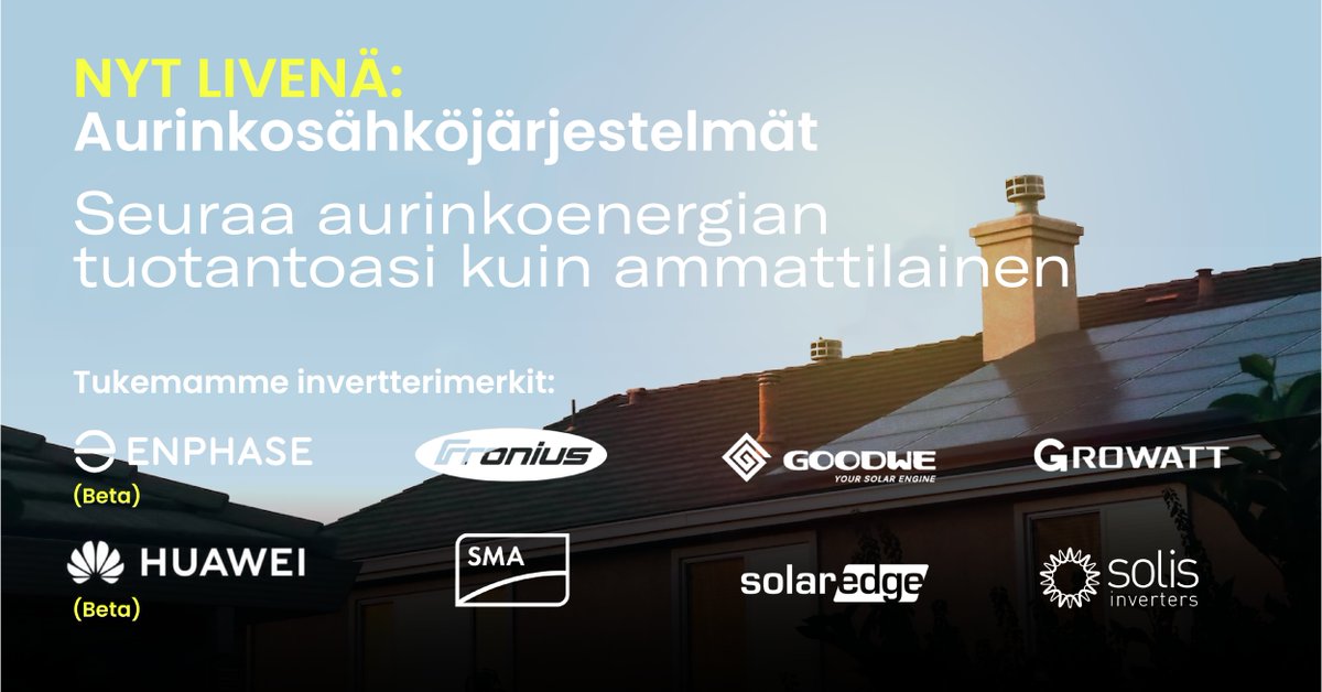 UUTTA ☀️ Älykkään sähkönkäytön sovelluksemme tukee nyt aurinkosähköinverttereitä: Seuraa tuotantoasi ja näe, kuinka paljon säästät ja pienennät hiilijalanjälkeäsi omalla päästöttömällä sähkölläsi 👉🏽 eu1.hubs.ly/H03JrTh0

#aurinkovoima  #vihreäsiirtymä