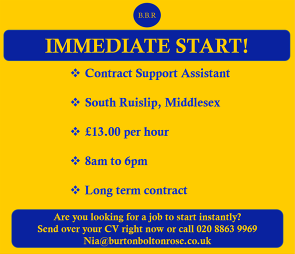 bbr_instantjobs's tweet image. #contractsupport #assistant #contract #support #southruislip #ruislip #london #temp #employment #jobsearch #jobhunt #jobopening #hiring #hiringnow #resume #jobs #careers #humanresources #harrow #londonjobs #middlesexjobs #middlesex #life #amazing #cool