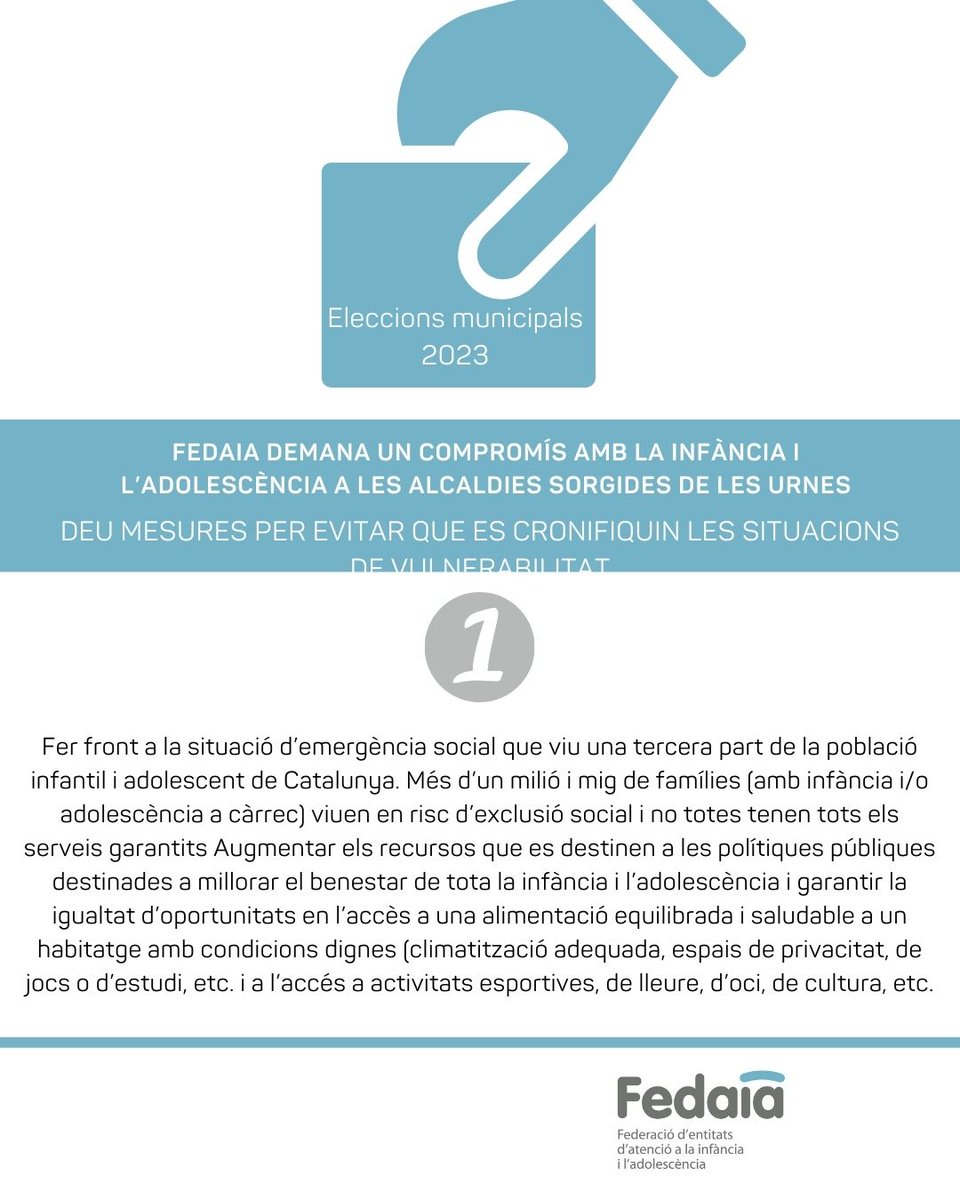 Per uns ajuntaments més compromesos amb la infància i l'adolescència en situació de vulnerabilitat, 10 propostes des de FEDAIA. 

<a href="/EsquerraERC/">Esquerra</a> <a href="/socialistes_cat/">Socialistes PSC/❤</a> <a href="/bcnencomu/">Barcelona En Comú</a> <a href="/JuntsXCat/">Junts per Catalunya🎗</a> <a href="/PPCatalunya/">PP de Catalunya</a> <a href="/CiutadansCs/">Ciutadans</a> <a href="/cupnacional/">CUP Països Catalans</a> 
#FEDAIA #AjuntamentsperlaInfància