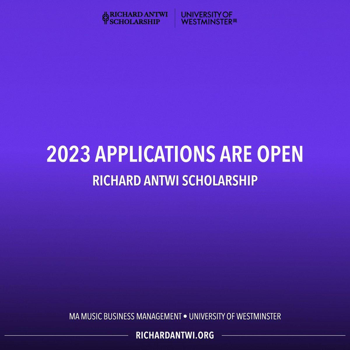 APPLICATIONS FOR 2023 ARE NOW OPEN! 

To apply for the Richard Antwi Scholarship please visit westminster.ac.uk/study/fees-and…