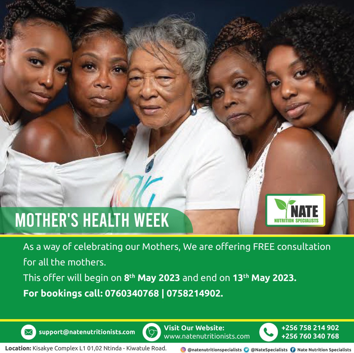 Here is an opportunity for all the mothers. 

A free health and wellness consultation. This runs for the whole week.

Call 0760 340 768/ 0758 214 902 to book your appointment. 

#mothersday #mothersweek #healthymoms