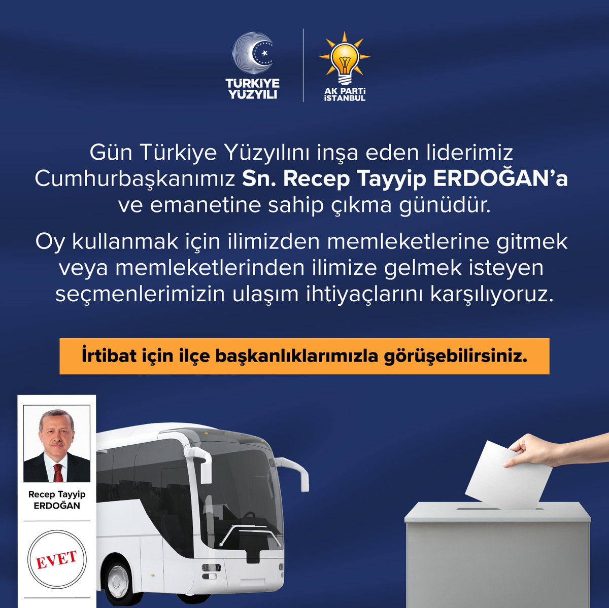 İstanbul'da yaşamasına rağmen resmi ikameti başka şehirde olan vatandaşlarımızın dikkatine; 

İstanbul'umuzda bulunduğunuz ilçenin 'İlçe Başkanlığına' başvurarak gidiş-dönüşlerinizi size sağlanacak otobüs ile ÜCRETSİZ bir şekilde gerçekleştirebilirsiniz.