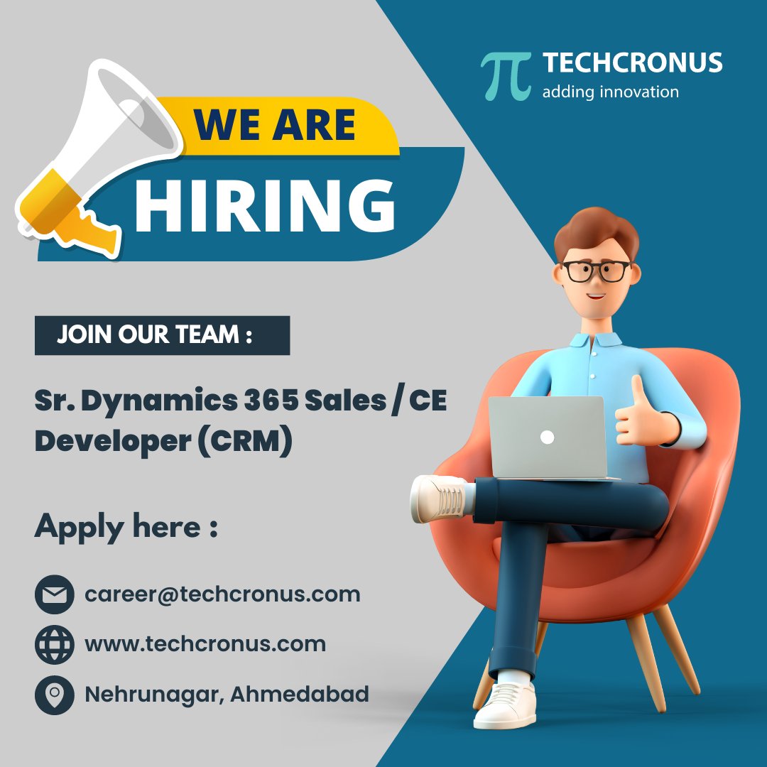 Hello, Connections,
Greetings of the day!! ✨

#d365 #crmdeveloper #CRMDeveloper #dynamics365crm #dynamics365crmdeveloper #HiringNow #JoinOurTeam #JobOpening #NowHiring #JobSearch #CareerOpportunities #JobListing #JobPost #techcronus