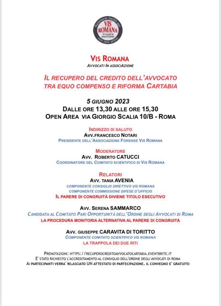 Le #PariOpportunità passano anche per l'effettività del #compenso #professionale. Con Serena Sammarco, candidata al #CPO del #COA di Roma per #VisRomana con la lista Nesta-Graziani con Galletti, un convegno sull'evoluzione degli strumenti per il recupero del #credito.