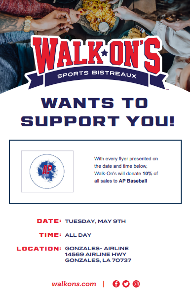 APBaseball2's tweet photo. @walk_ons ALL DAY TODAY, Tuesday May 9 #lunch #dinner #apbaseball #walkons https://t.co/KY8UGFf5A7