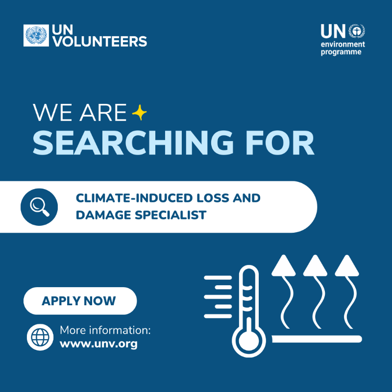 UNEP's tweet photo. Are you passionate about a sustainable future for our planet?

Come work with us as a Climate-Induced Loss and Damage Specialist.

Apply by 15 May: https://t.co/0RmUuFF6h5 https://t.co/Nj2P8fYaIx