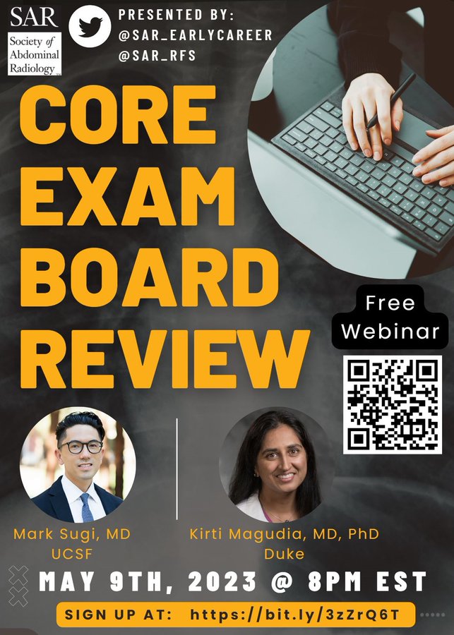 SAR Early Career Committee (@sar_earlycareer) on Twitter photo Calling all #radres, #radfellows, & #futureradres. TONIGHT @ 8pm EST! FREE Board Review by the amazing <a href="/KMagudia/">Kirti Magudia, MD PhD</a> and <a href="/markdsugi/">Mark D. Sugi</a>. Register here: bit.ly/3zZrQ6T
Sponsored by
<a href="/SAR_EarlyCareer/">SAR Early Career Committee</a>
<a href="/SAR_RFS/">SAR Resident and Fellow Section</a>
<a href="/SocietyAbdRad/">Society of Abdominal Radiology | SAR</a> Calling all #radres, #radfellows, & #futureradres. TONIGHT @ 8pm EST! FREE Board Review by the amazing <a href="/KMagudia/">Kirti Magudia, MD PhD</a> and <a href="/markdsugi/">Mark D. Sugi</a>. Register here: bit.ly/3zZrQ6T
Sponsored by
<a href="/SAR_EarlyCareer/">SAR Early Career Committee</a>
<a href="/SAR_RFS/">SAR Resident and Fellow Section</a>
<a href="/SocietyAbdRad/">Society of Abdominal Radiology | SAR</a>