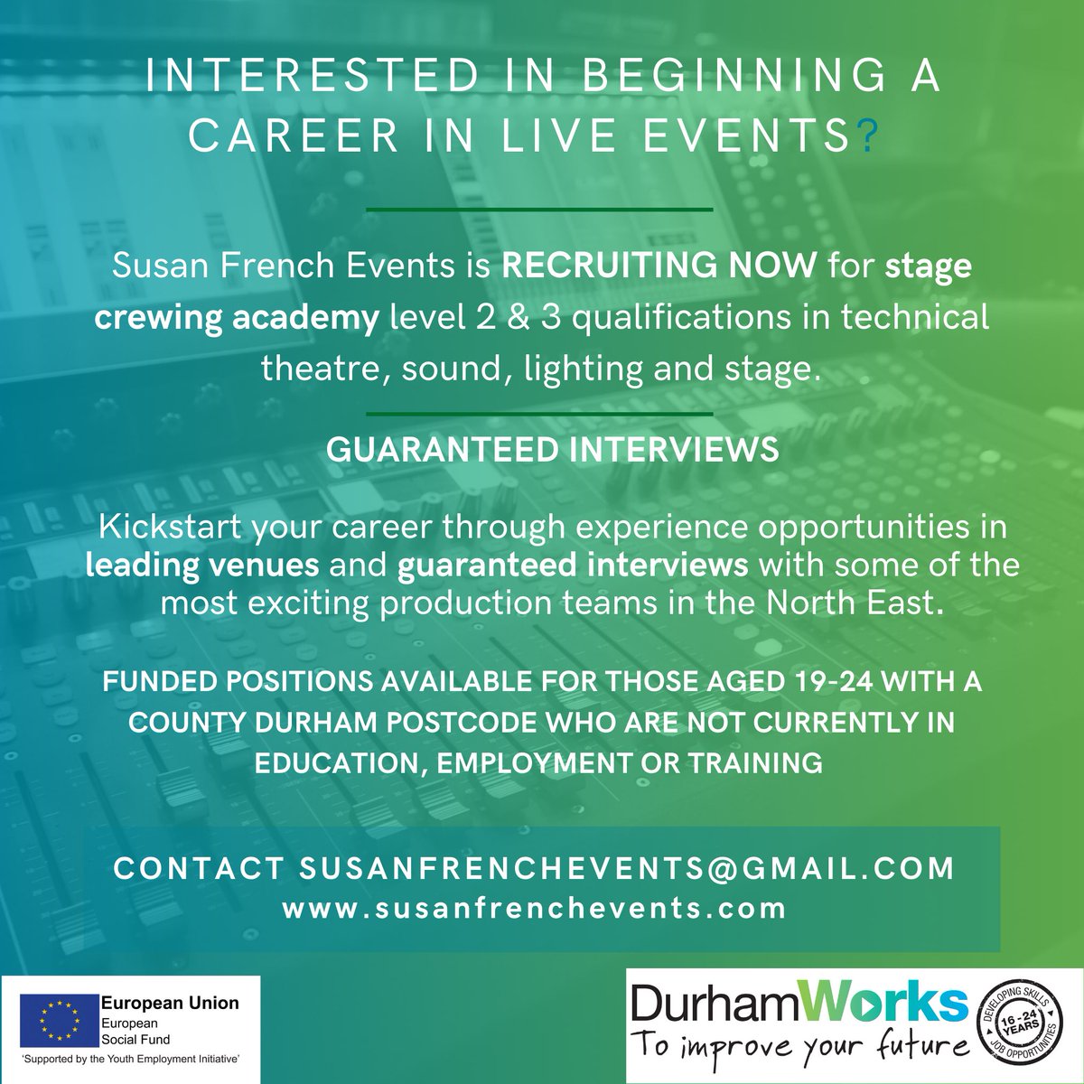 NOW RECRUITING | @WorksDurham 
Our Durham Works crew school is commencing again on the 15th of May! 

This is a great opportunity for individuals in County Durham to get started in the music industry 🥁🎸

Head to susanfrenchevents.com/durham-works-p… to sign up and find out more 👉