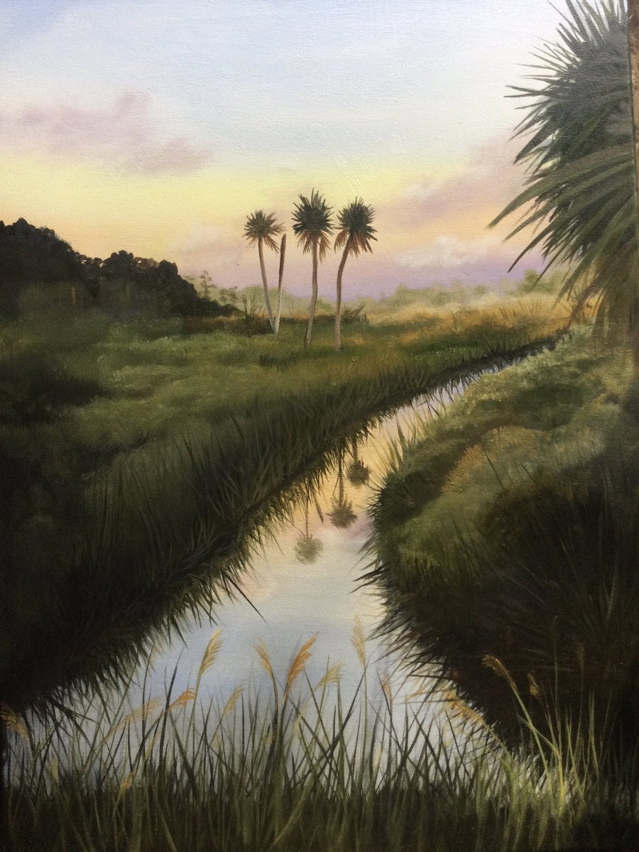 The beautiful coastline of Seven Mile Loop in #CrystalRiver #Florida . Oil on canvas 18x24, still a #workinprogress . Waiting is the hardest part, lol…#art #oilpainting #NatureIsAmazing #naturecoast #citruscounty #ArtistOnTwitter #etsyseller #sunsetlovers