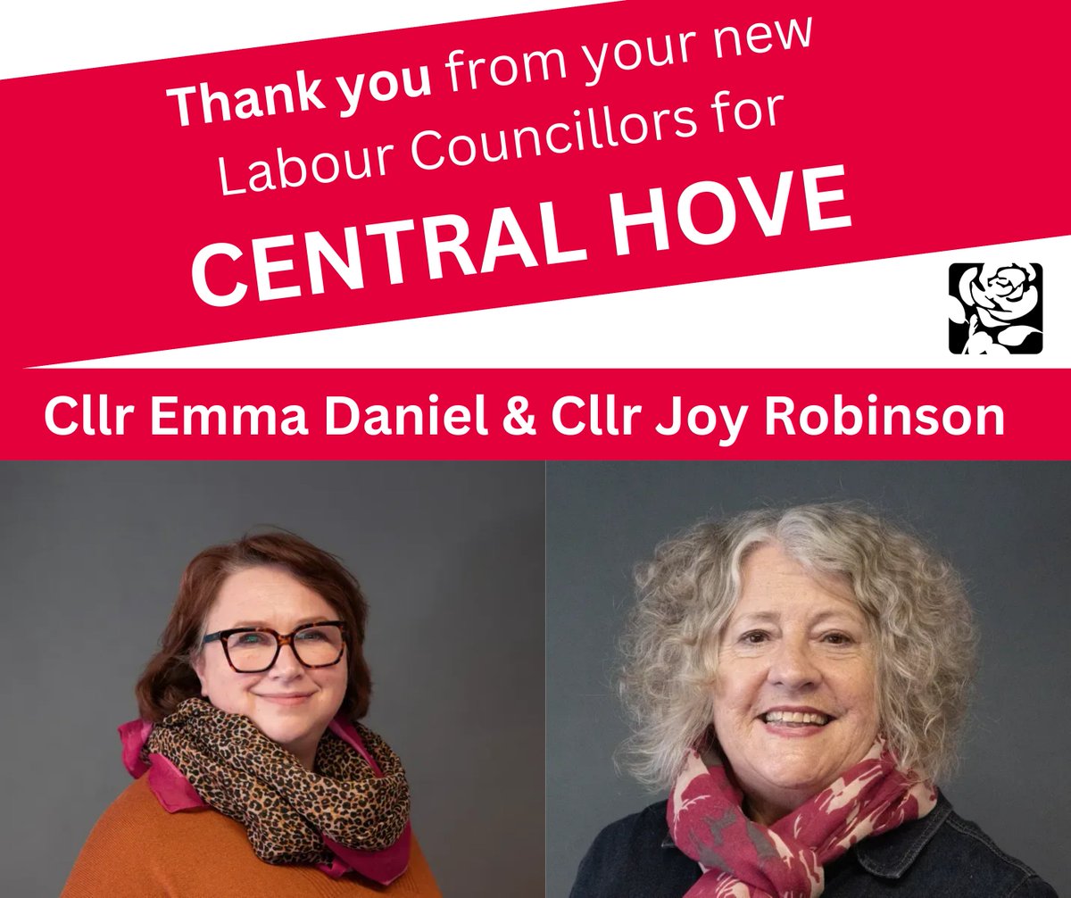 Introducing your new <a href="/bhlabour/">Brighton & Hove Labour Party</a> councillors for #Central #Hove ward...

🌹 Cllr <a href="/huxley06/">Emma Daniel</a> 
🌹 Cllr <a href="/Joy4Central/">Cllr Joy Robinson</a> 

Both are very grateful for your support and to have been elected, and will work hard for all residents! 🙏