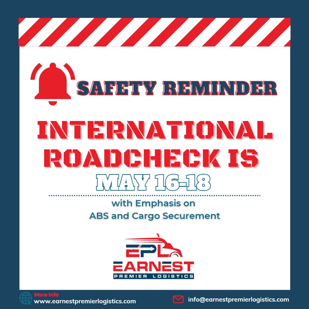 Stay safe on the road and keep your truck inspection-ready! It's International Roadcheck time. 🚛✅

#internationalroadcheck
#roadsafety
#truckinspection
#earnestpremierlogistics