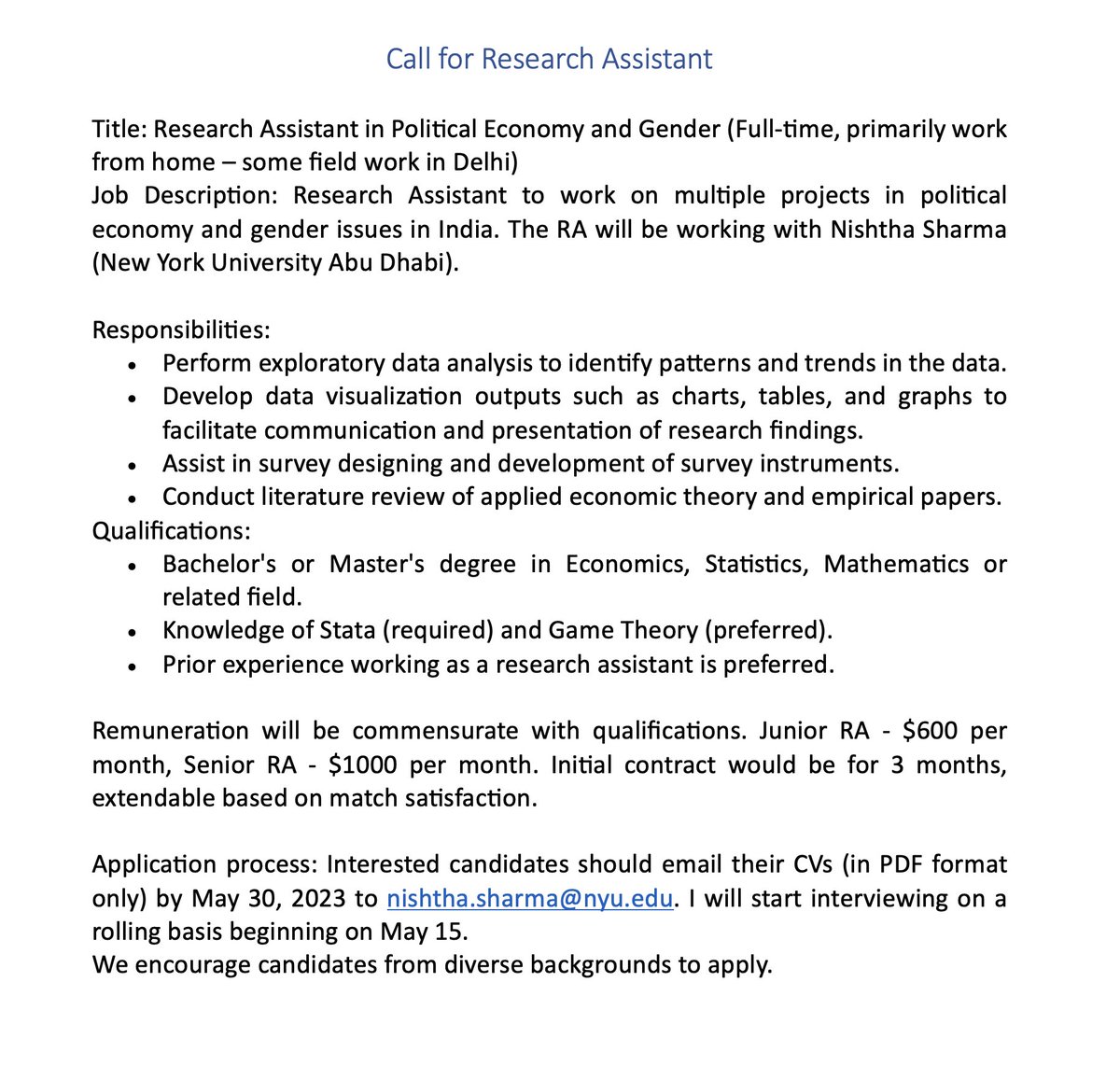 Call for Research Assistant. Email me at nishtha.sharma@nyu.edu if you have any questions <a href="/econ_ra/">Econ RA Listings</a>