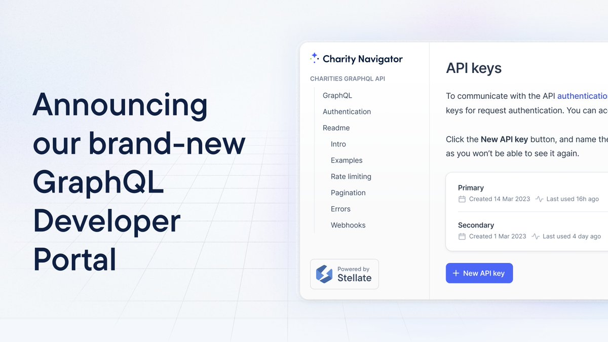 Stellate's tweet photo. Announcing our brand-new GraphQL Developer Portal 🚀

Enable your partners & users to access your GraphQL API safely and securely 🔐

Set up API keys, documentation, metrics, and rate limiting for your GraphQL API in minutes instead of weeks! 🏎️💨

https://t.co/IQMgEXuTwv👈