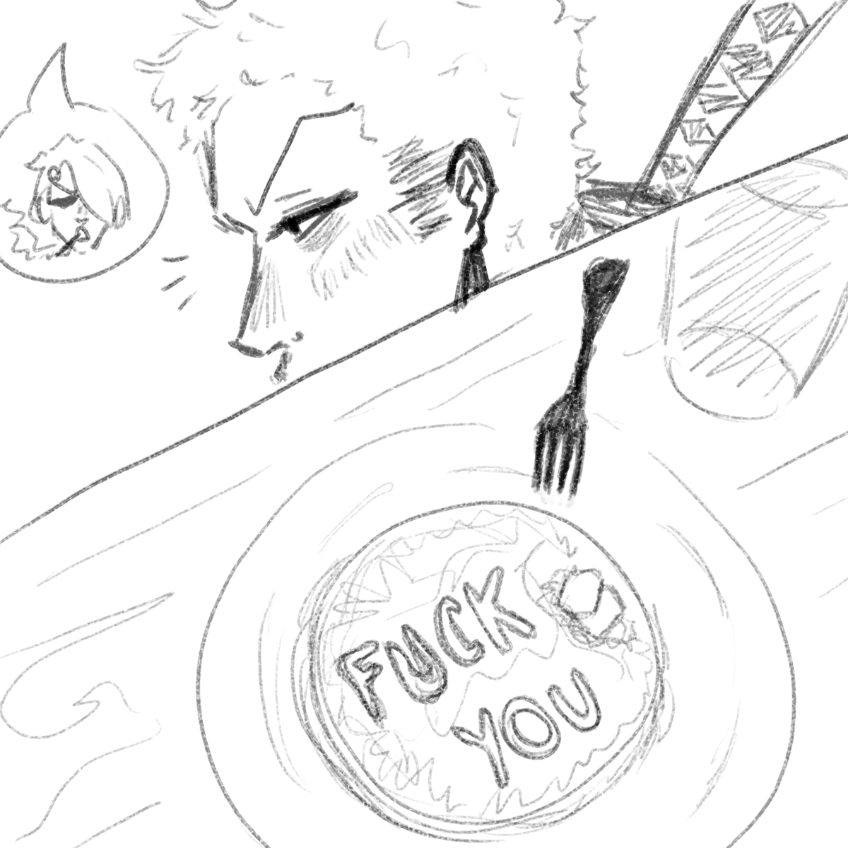GayBlast's tweet photo. Sanji gets angry with Zoro and puts hateful messages on his food, but Zoro is just hungry and never sees them, and when he finally sees them he just makes an offended face while thinking "damn it's still delicious grrrr grrrr" and complains to Sanji when they fight again-- https://t.co/MqceIj531N