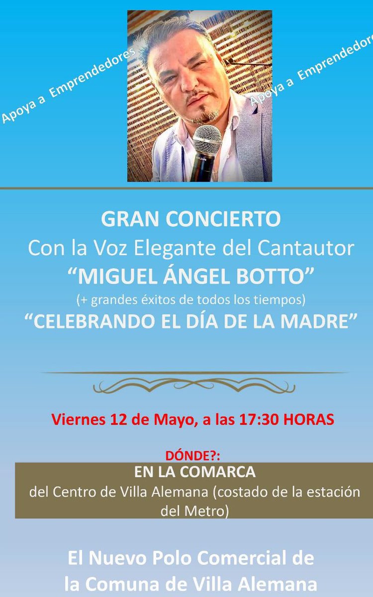 bottoinforma's tweet photo. Para mis amigas y amigos de #quilpue y #villaalemana. Apoyemos a las y los emprendedores de Villa Alemana este viernes de La Comarca Villalemana y cómpreles sus regalitos por el día de la Madre.  Este Viernes le regalamos nuestra música. https://t.co/fK4FPgK5Ju