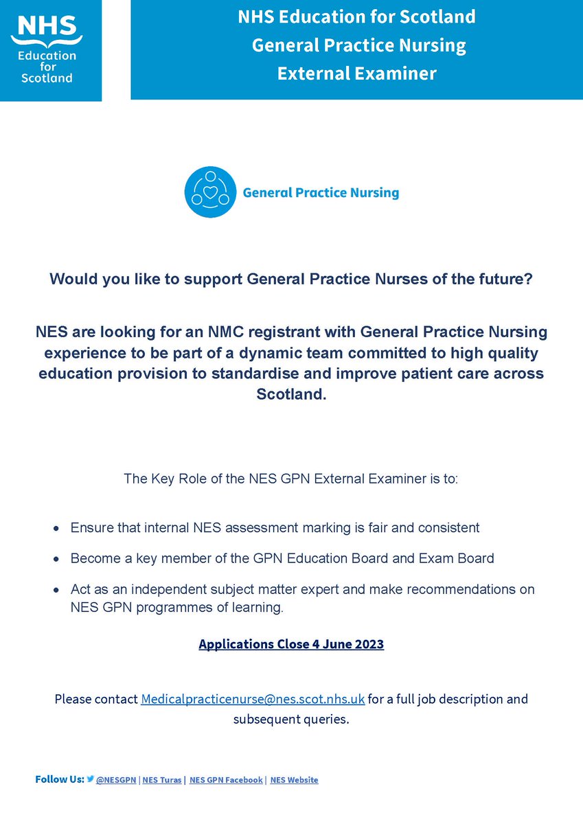 🎈Looking to hear from you and your colleagues! 🎈 Please contact Medicalpracticenurse@nes.scot.nhs.uk for a full job description and subsequent queries @CPDConnect @NESnmahp @NHS_Education @KathyKenmuir @GeneralNes @NESKnowledge @nes_qi