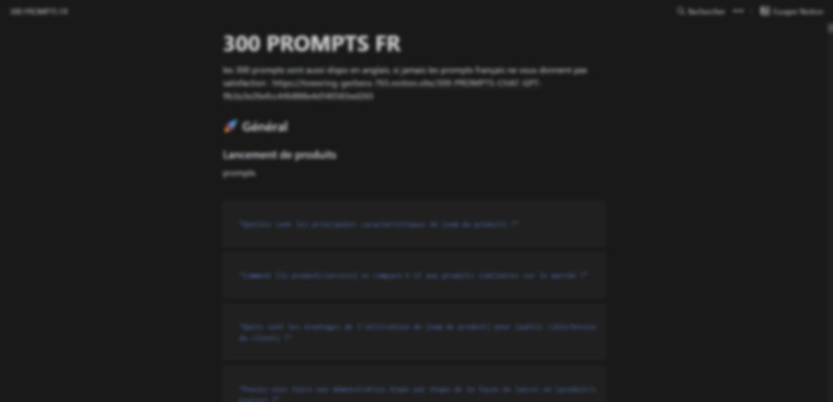 J’ai trouvé les 300 meilleurs prompts ChatGPT pour la création de contenu.

Des prompts pour : 

Trouver des idées
Rédiger du contenu
Faire du storytelling
et bien plus…

Tu peux obtenir ces 300 promtps gratuitement aujourd’hui.

Il suffit de :  

Like
RT
Follow (pour te DM)