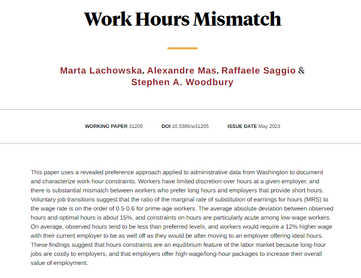 Quantifying the welfare gains to workers from relaxing or eliminating work hour constraints, from @MartaLachowska, Alexandre Mas, Raffaele Saggio, and Stephen A. Woodbury nber.org/papers/w31205