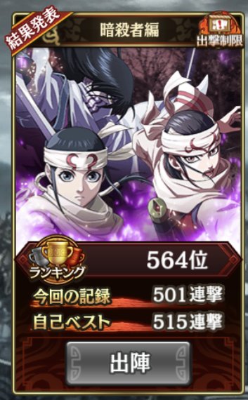 kingpanda_no7's tweet photo. 連撃戦線結果。追加時間は70秒。
暗殺者編。

前回と同じ編成。
あんまり時間無くてサラっと(´ｰ｀)

[0508] 501連撃 564位
[0324] 481連撃 778位
[0123] 515連撃 420位
[1111] 464連撃 708位
[1010] 455連撃 643位

#キングダム乱 #キンラン https://t.co/u6yprnHJXx