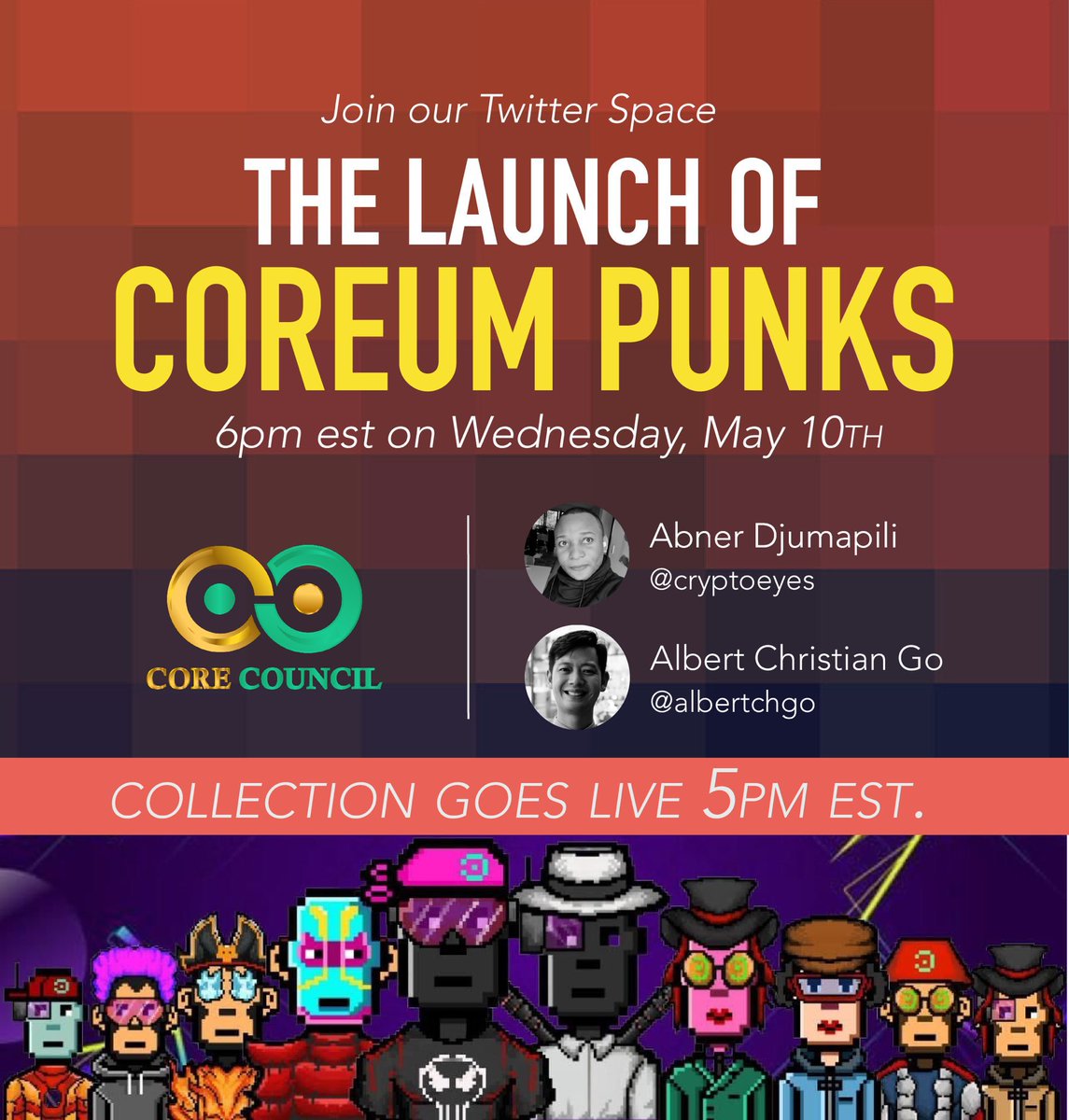 Cha_Pratama88's tweet photo. 📣 Set your reminders, $COREUM community! 🚀
🔜 Get ready for an epic launch! The #CORECOUNCIL proudly presents @CoreumPunks NFT collection! 🎉
🌍 Everyone is welcome to join the excitement! Let's come together and embrace the power of @CoreumOfficial https://t.co/izoJrccus4