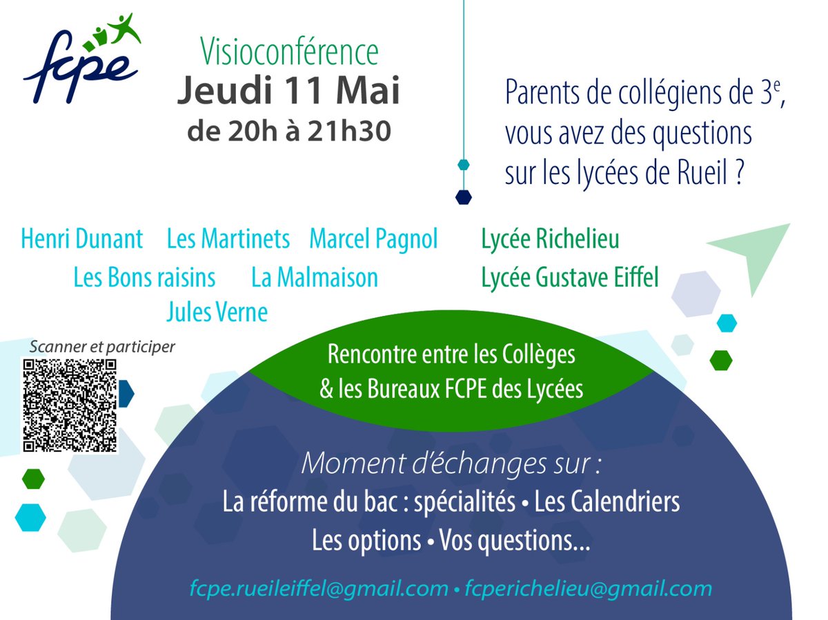 ▶️Visio Lycées Richelieu et Eiffel de Rueil-Malmaison organisée par la FCPE
📆 Jeudi 11 Mai
🕗20h à 21h30
📌Lien -> QR code de l invitation ci dessous