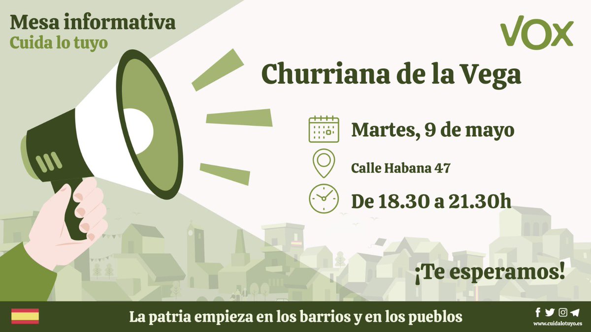 Javier García 🇪🇸🇪🇸🇵🇪🇵🇪🖤🖤💚💚 (@frajavagr) on Twitter photo Seguimos con nuestras mesas informativas. Esta tarde estaremos en la calle Habana. Os esperamos
#cuidachurrianadelavega
#CuidaLoTuyo
<a href="/VoxChurriana/">🇪🇸 Vox Churriana de la Vega 🇪🇸</a> Seguimos con nuestras mesas informativas. Esta tarde estaremos en la calle Habana. Os esperamos
#cuidachurrianadelavega
#CuidaLoTuyo
<a href="/VoxChurriana/">🇪🇸 Vox Churriana de la Vega 🇪🇸</a>