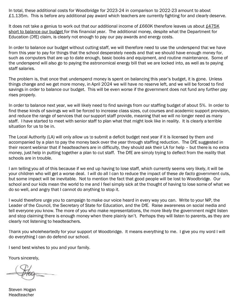 _______gt______'s tweet photo. Here is the deeply worrying state of education laid bare by a headteacher in a desperate letter to parents.

Young people, families, professionals &amp; communities deserve better. 

Please share @NEUnion @CamEdFac @cyclingkev @MaryBoustedNEU @DanielKebedeNEU

#SaveOurSchools #GTTO https://t.co/jAaWRFgi9O