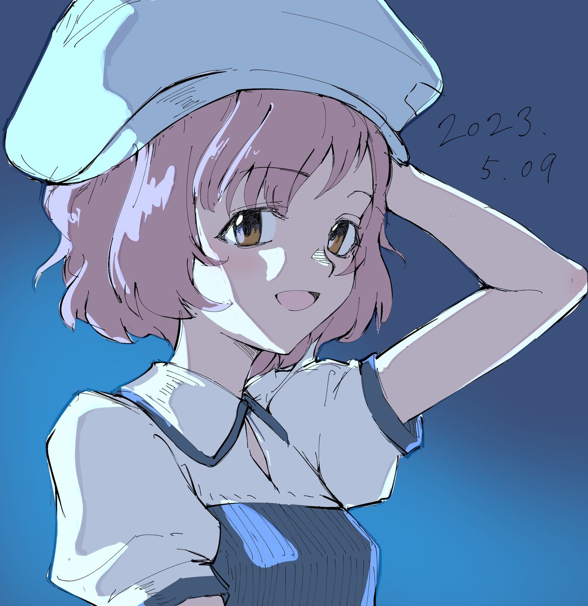 1girl solo hat smile short sleeves blue background white headwear  illustration images