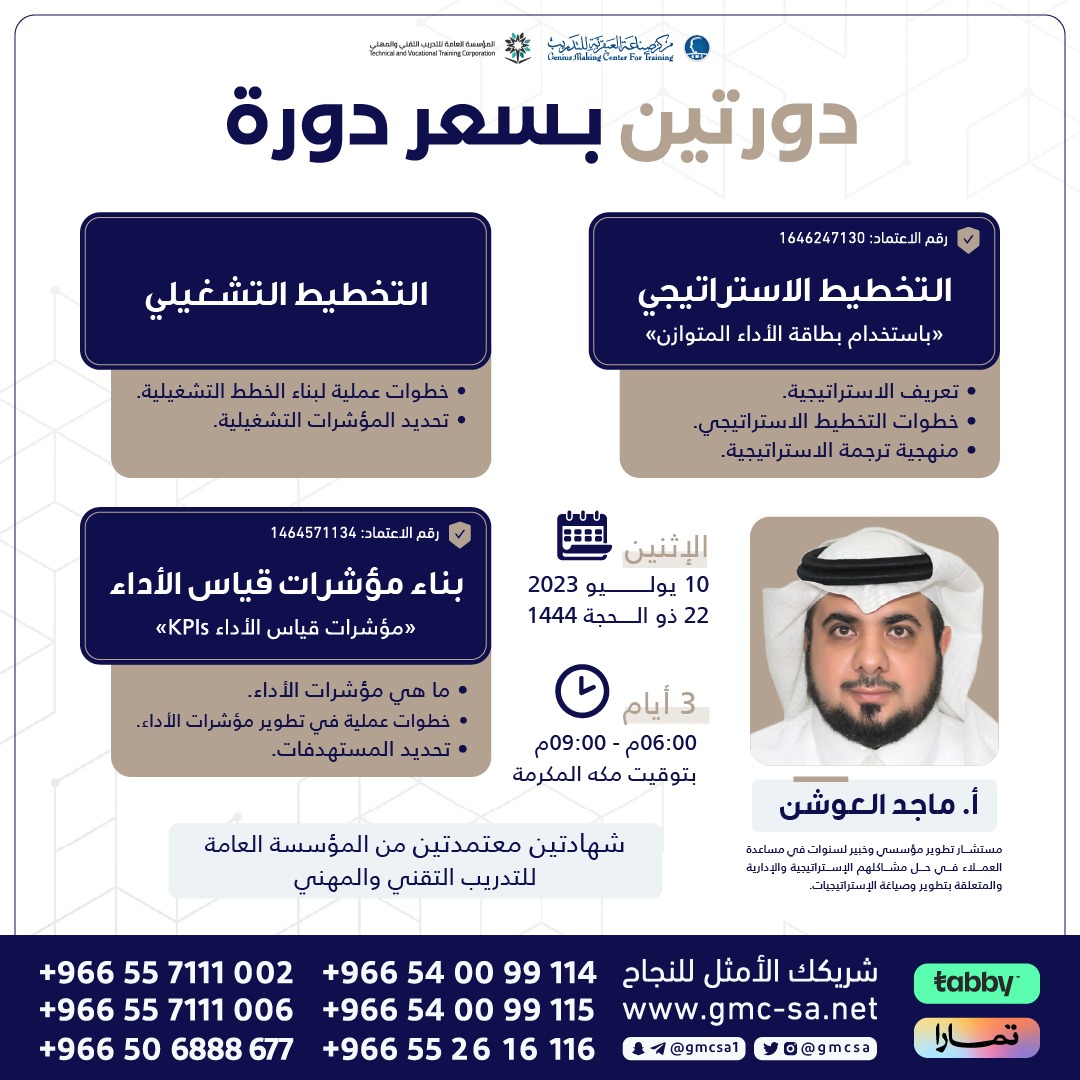 gmcsa's tweet photo. 📑احصل على #شهادتين_معتمدة

📈دورة #التخطيط_الاستراتيجي و #التخطيط_التشغيلي

📉بناء مؤشرات #قياس_الأداء KPIs

🎙️أ.ماجدالعوشن
@TAMKEENALADAA
⏳يوم #الاثنين 10يوليو
3ايام

للتسجيل
https://t.co/0SyTR2vrbm
https://t.co/F9fP3NQVBz

#مركز_صناعة_العبقرية_للتدريب
#مساء_الخير #صباح_الخير https://t.co/yA6wAvZpZY