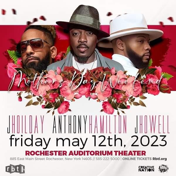 #FRIDAY 
<a href="/KingJHoliday/">KingJHoliday</a> will be in #RochesterNY along with <a href="/JHowellMusic1/">J.Howell</a> and <a href="/HamiltonAnthony/">Anthony Hamilton Official</a> to kick off #MothersDay weekend. Ladies!!! Show up and show out! 
Head to rbtl.org for tickets.

#jholiday #hmg #iamrnb #rochester