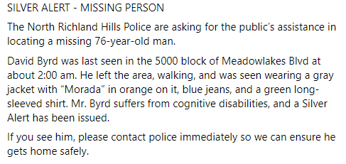 NRHPD's tweet photo. SILVER ALERT - Please help us locate Mr. Byrd. Contact police if you see him. https://t.co/8E5hON6PYY