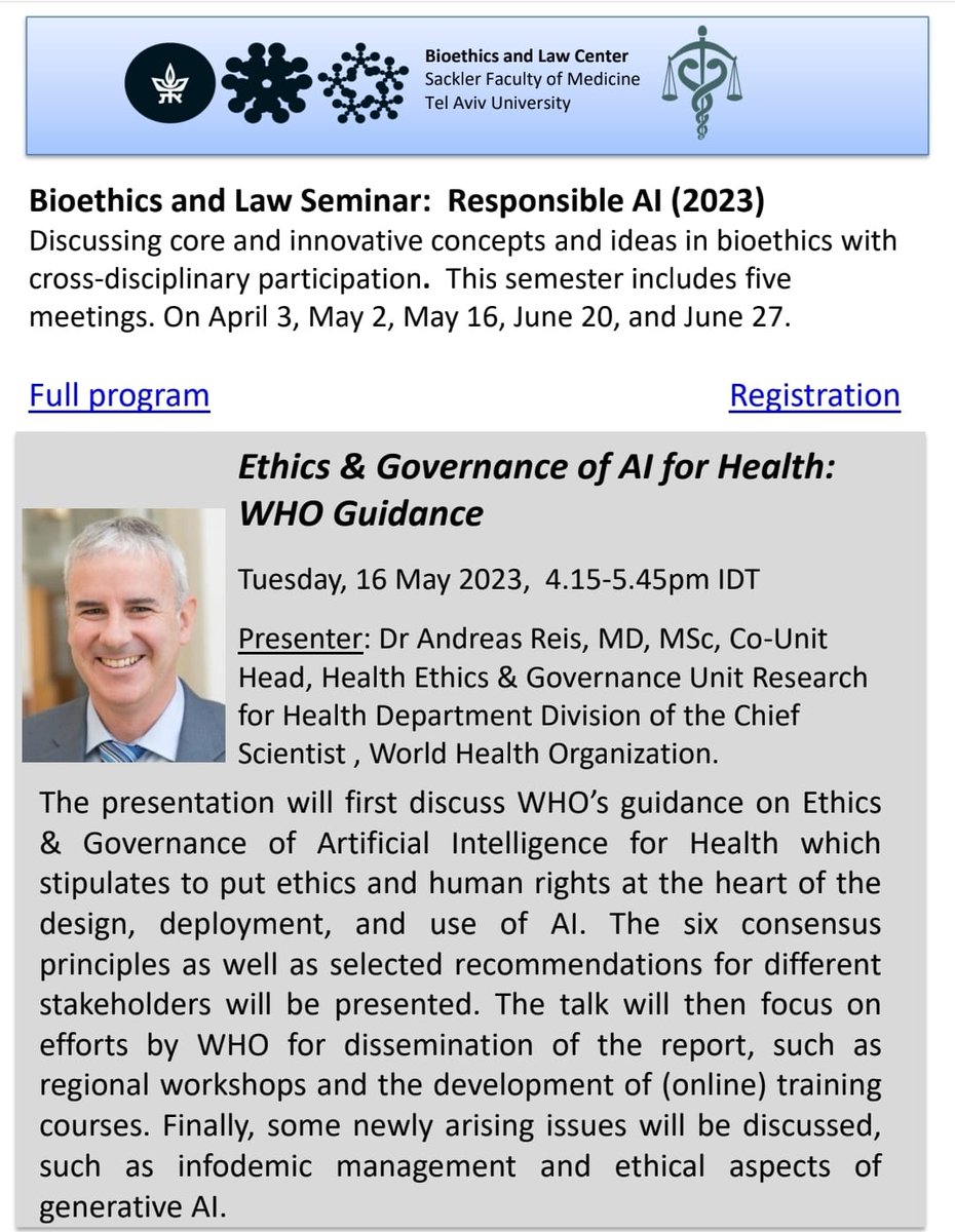 BioethicsLawTAU's tweet photo. Our Responsible Medical AI seminar is going strong with registrants from over 30 countries already for the meeting with Dr. Andre Reis, WHO Division of the Chief Scientist, May 16th, 4.15 Israel Day Time. Register (free) to join us: https://t.co/IJRKSADZU4 https://t.co/NmAmVZQbsq