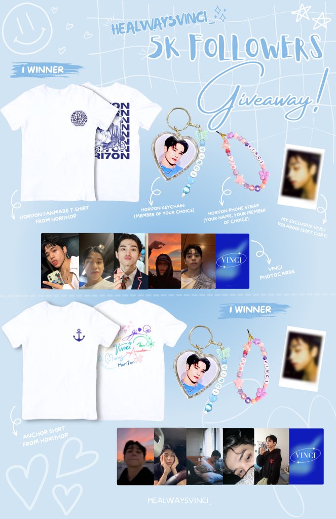 ·˚ ༘♡ : 5k FOLLOWERS GIVEAWAY .ᐟ
by <a href="/healwaysvinci_/">yen</a>

ᥫ᭡ For 2 Winners :
╰  1 HORI7ON/Anchor T-Shirt
╰  1 Customized HORI7ON Keychain
╰  1 Customized HORI7ON Phone Strap
╰  1 Exclusive Vinci Polaroid (Soft Copy)
╰  5 Vinci Photocards

Read thread for more info 👇🏻