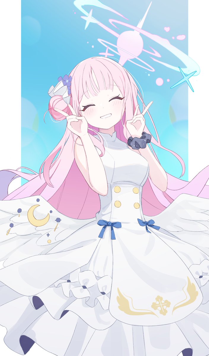 mika (blue archive) 1girl pink hair dress solo halo long hair wrist scrunchie  illustration images