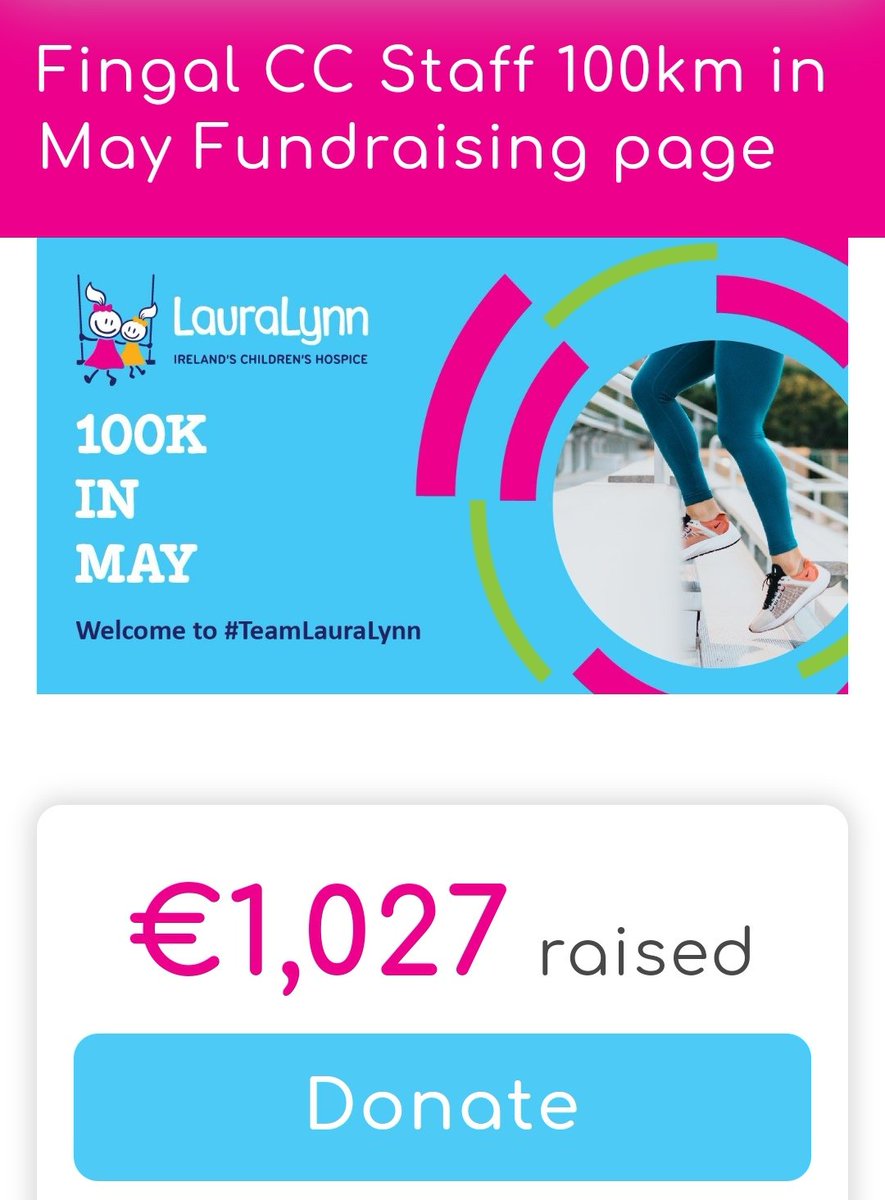 AmyMahony11's tweet photo. Over €1000 raised by a group of staff in @FingalCC who have taken on the challenge of 100km each in the month of May for @LauraLynnHouse. The team have already clocked up almost 500km!! Well down to everyone involved! All donations are much appreciated  https://t.co/tcREPtAZor https://t.co/ckLBb6Nzsc
