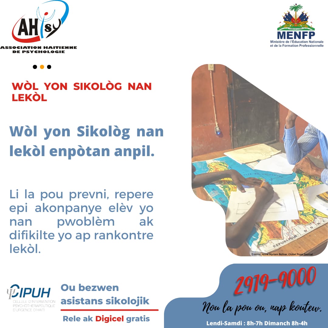 psyhaiti's tweet image. Ou se #paran elèv, #pwofesè, #elèv, #etidyan, ou bezwen asistans sikolojik. Ou ta renmen yon moun ki pou koutew.
Rele kounya nan nimero sa :
#29199000 
Sèvis lan gratis 
Apèl lan gratis ak #Digicel 
&quot;Nou la pou ou, nap koute w&quot;. @MENFP_Education

#ahpsy 
#MENFP 
#byennètnanlekòl