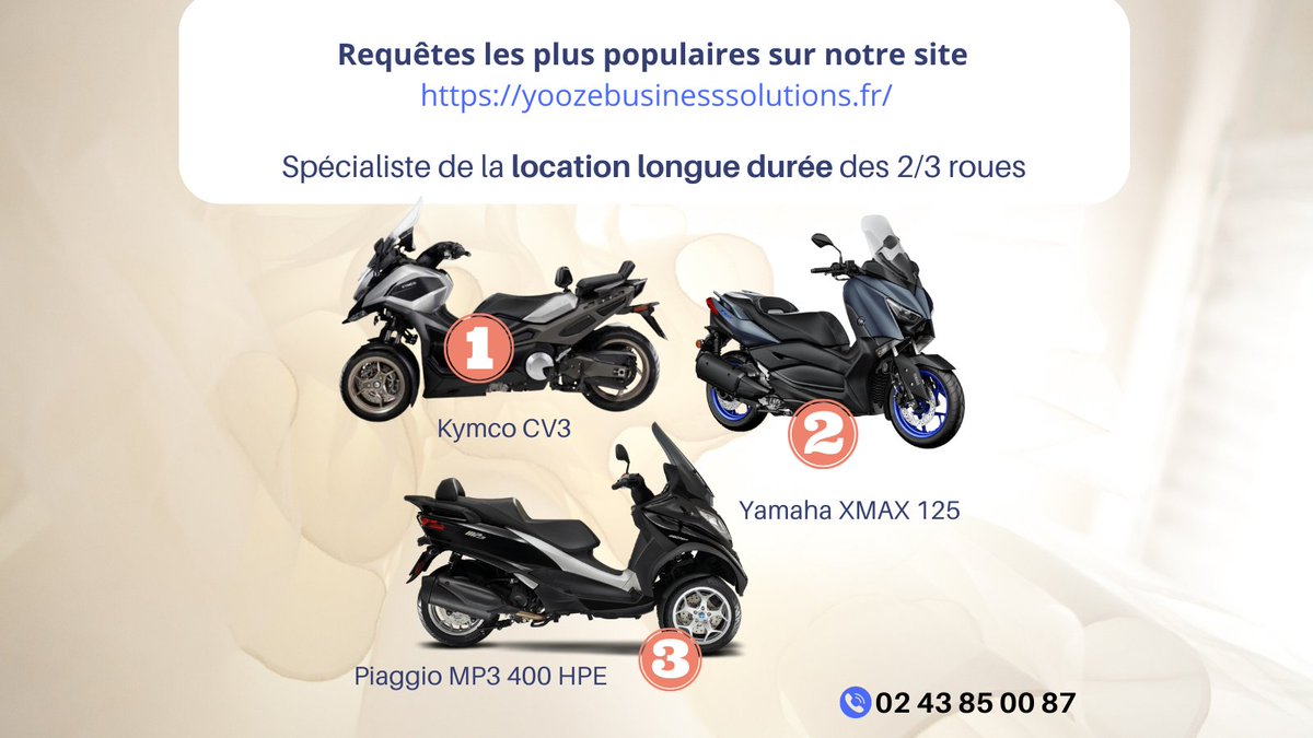 2rfleetservices's tweet photo. 📍Yooze Business Solutions, le plus grand choix de véhicules 2 &amp; 3 roues en LOCATION LONGUE DUREE 
✅ Particuliers &amp; Professionnels
➡️ https://t.co/tjkUuP4KMc
02 43 85 00 87
#LLD #location #locationlongueduree #scooter #moto #leasing  #2roues #3roues https://t.co/7INFe7H4hN