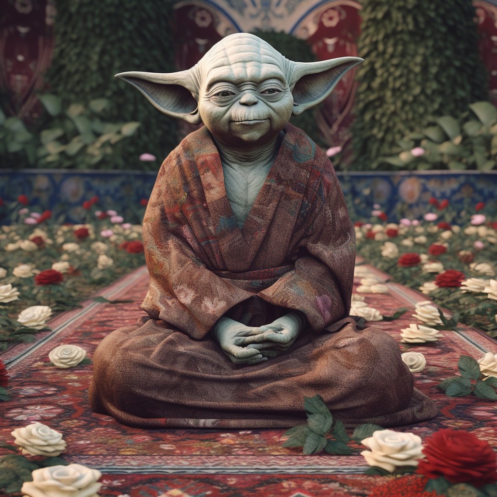 "In the rose garden of Iran, I ventured, guided by the Force and a longing for serenity. Amongst the vibrant blossoms, a symphony of colors and scents, I found solace. "
#yoda #persia #starwars #guerredesetoiles #midjourney #JediSurvivor