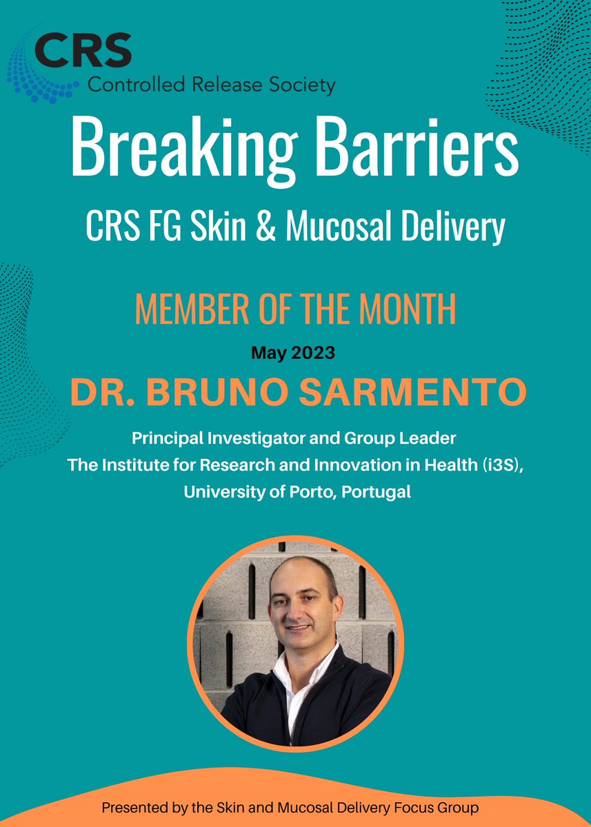 We honor Dr. Bruno Sarmento @brunocsarmento for his outstanding contributions to nanotherapeutics, nanocarriers, and drug delivery platforms at the interface of skin, mucosal, and broader tissue engineering models. @i3S_UPorto @CRSScience
