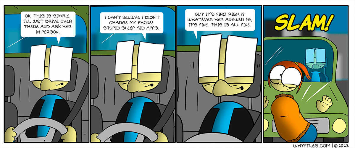 whyffles's tweet photo. Giving yourself a neurotic pep-talk is a form of distracted driving.
"Driving to the Point"
https://t.co/UTB7Cx0Cv2
The Dating Game - pt 10

#comics #webcomics https://t.co/hKy5iScbxC