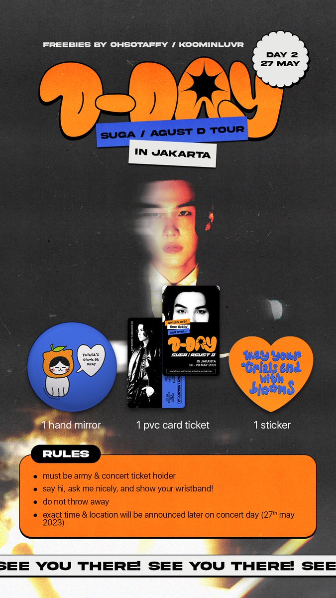 bluepIums's tweet photo. D-DAY SUGA AGUST D FREEBIES in JAKARTA
by koominluvr / ohsotaffy

🛝 day 2, 27 may 2023 @ ICE BSD
🎱 very limited qty!
📙 only for army &amp; concert ticket holder

see you there! ☻
#AgustD_SUGA_Tour #AgustD_Suga_Tour_in_Jakarta #AgustD_SUGA_Jakarta https://t.co/4ZM59t7Rjx