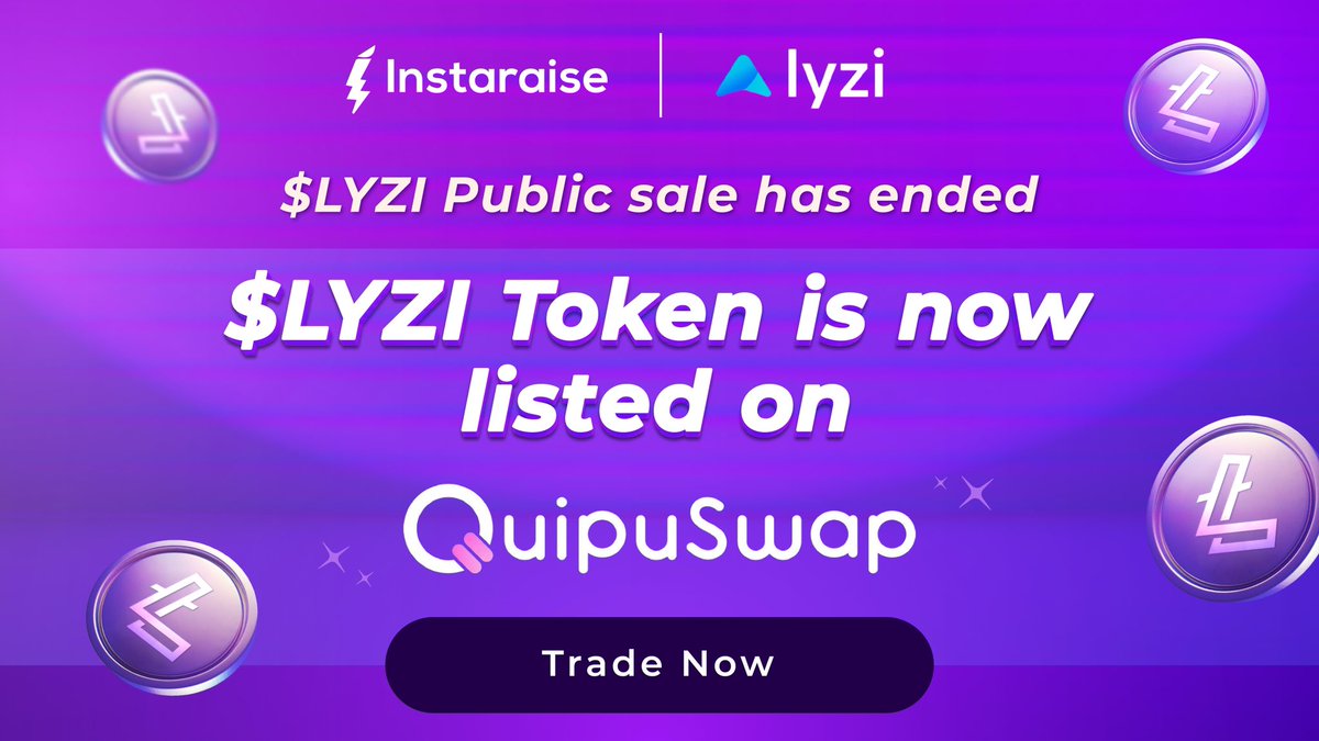 $LYZI public sale has now ended!🛑

🥂Cheers to all the sale participants for being a stake holder in <a href="/Lyzi_app/">Lyzi 🇫🇷</a>’s success🚀

🤩$LYZI is now Listed on <a href="/QuipuSwap/">QuipuSwap</a>📊

Trade NOW!➡️ quipuswap.com/swap/tez-KT1UM…

📑CA➡️ KT1UMx7aZQWNKY9nC4LRYNsueEiGMfpcQhhD

#Defi #XTZ #Tezos #tokenlisting